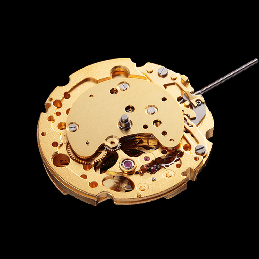 Miyota Citizen 82S7 golden plated automatic watch movement for precise timekeeping in accessories.