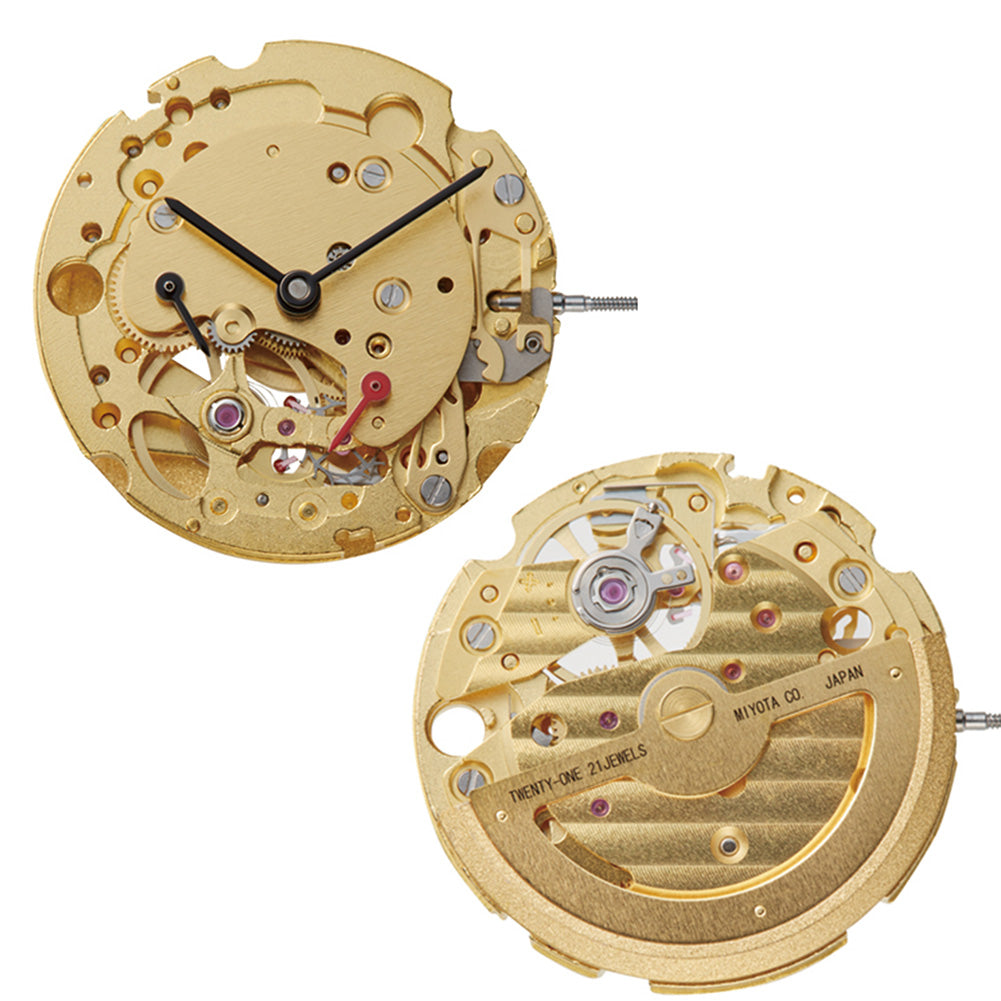 Miyota Citizen 82S7 golden plated automatic watch movement showcasing precise mechanical craftsmanship for watch accessories.