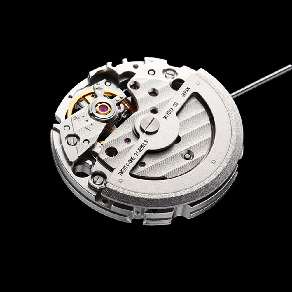 Miyota Citizen 82S7 silver-plated automatic watch movement for precise mechanical timekeeping.