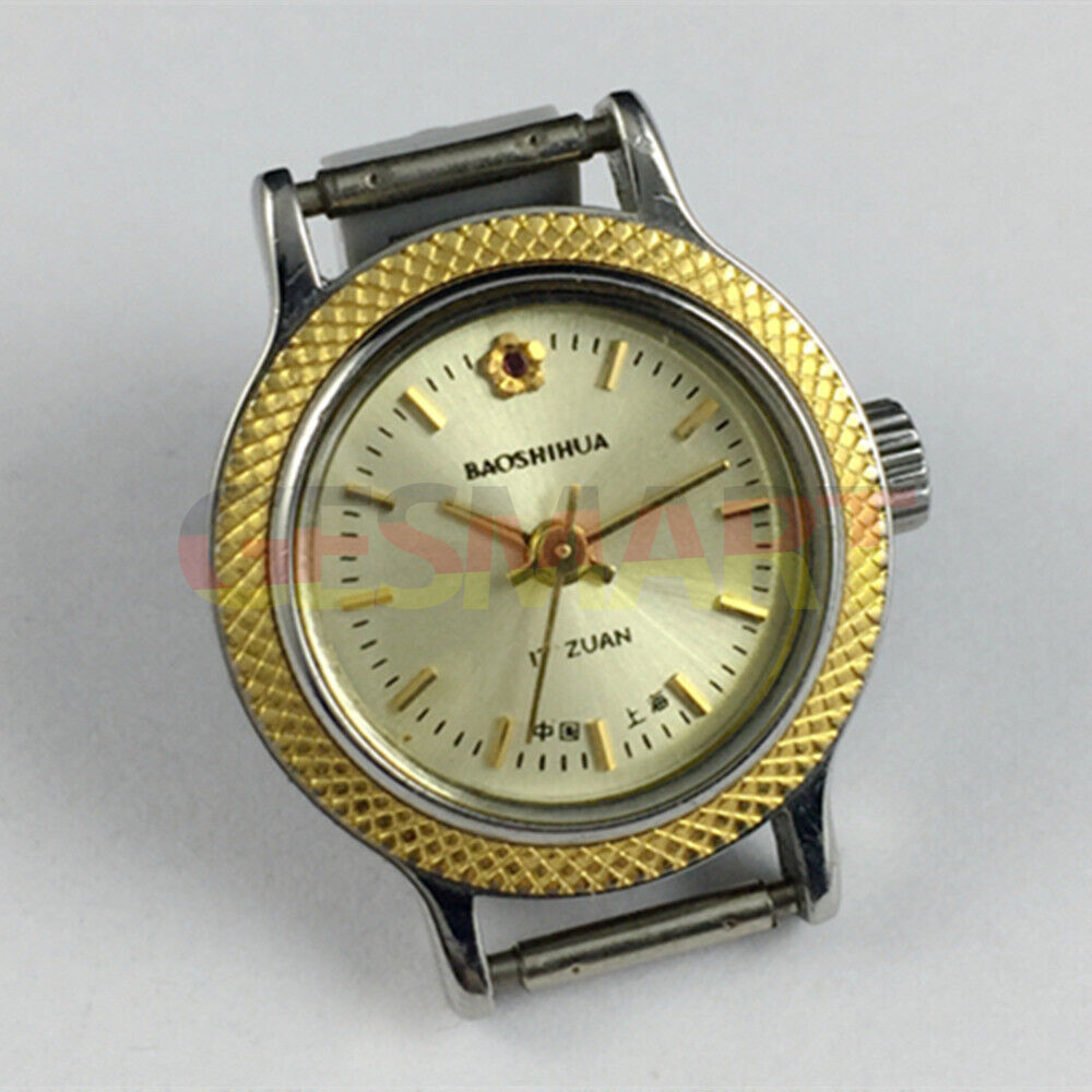 Montre mécanique manuelle Shanghai pour femme, cadran jaune doré, boîtier rond, 17 pouces