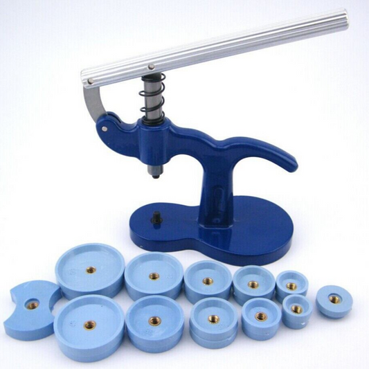 Watch Crystal Press Back Cover Closer with 12 Plastic Dies for precise watch repair and case sealing.
