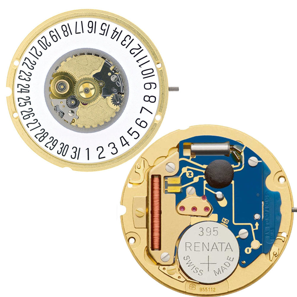 ETA 955.112 Swiss quartz watch featuring 3 hands, date display at 3 and 6 o?clock, elegant design.