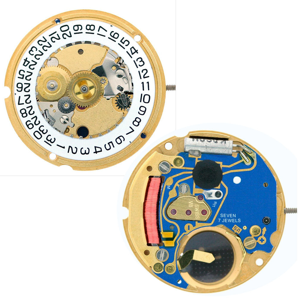 ETA 956.412 quartz watch movement with hour, minute, second hands, date window at 3, Swiss precision craftsmanship.