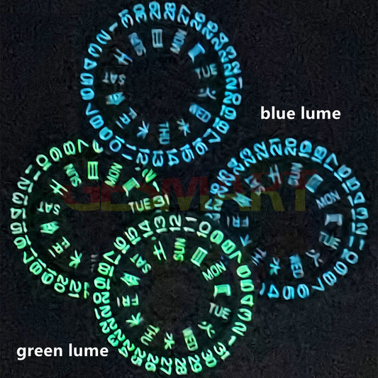 Blue lume Watch date disk and week wheel for NH36 movement, black design enhances clarity and style.
