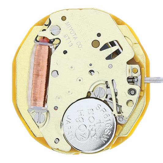 Miyota 9T13 Japan-made quartz movement with date display at 6 o'clock for precise timekeeping.