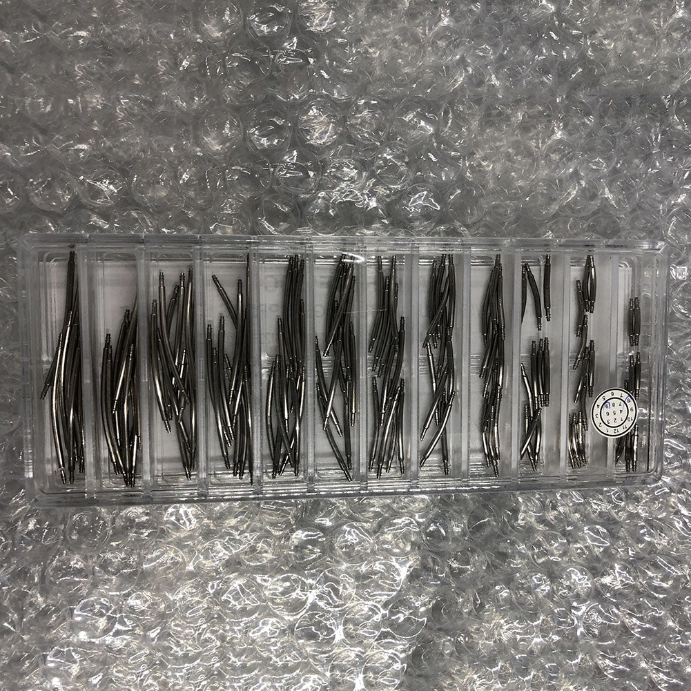 Curve stainless steel double flange watch spring bars, 1.5mm dia, 12 sizes, 120PCS by brand.