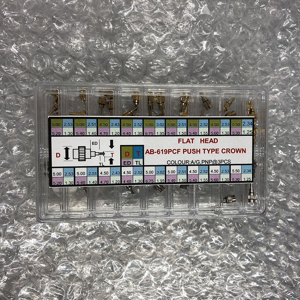 AB-619PCF watch crown set with 54 chronograph buttons for precise timepiece repair and replacement.