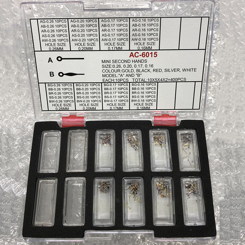 Mini second hands for watches, 0.16-0.26mm hole, multicolor, 2 models, 400PCS box, precise fit.