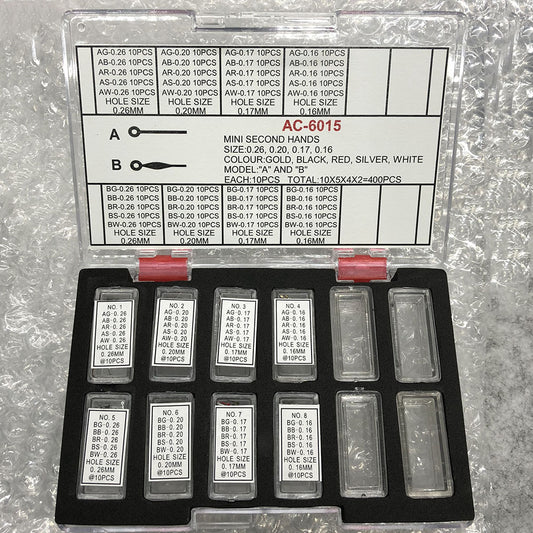 Mini second hands for watches, 0.16-0.26mm hole, multicolor, 2 models, 400PCS box, precise fit.