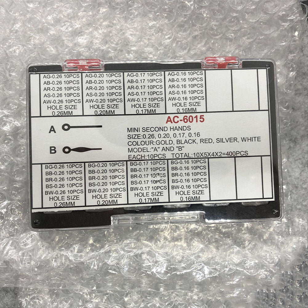 Multicolor mini second hands for watches, 0.16-0.26mm hole, 2 models, 400PCS box.