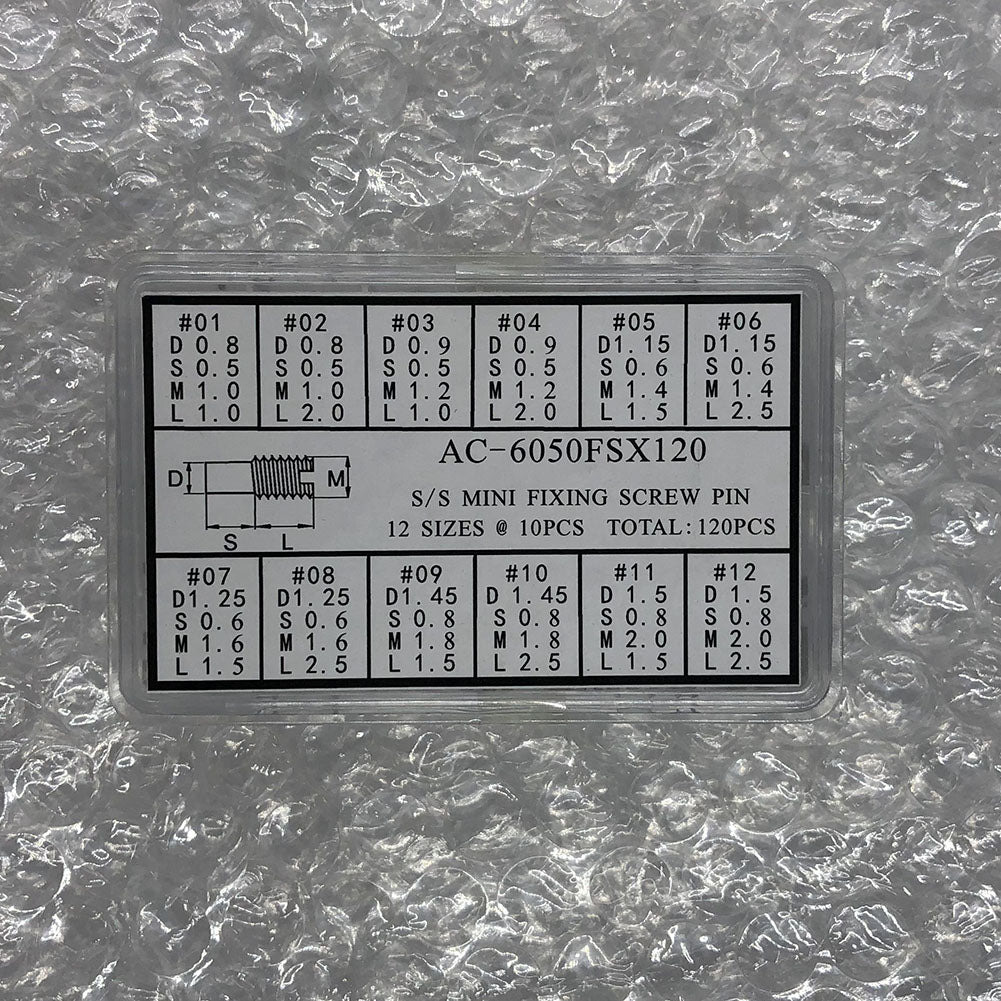 AC-6050FSX120 stainless steel mini fixing screw pins, 12 sizes, 120pcs box for watch accessory repairs