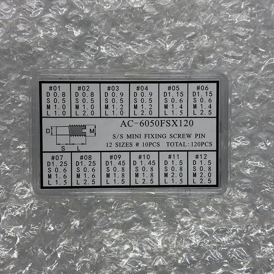 AC-6050FSX120 stainless steel mini fixing screw pins, 12 sizes, 120pcs box for watch accessory repairs