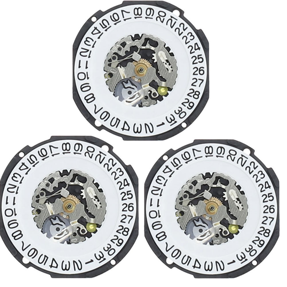 1. Hattori Epson TMI AL32 quartz watch movement with date display at 3/6, Japan made, 3 pieces pack.
