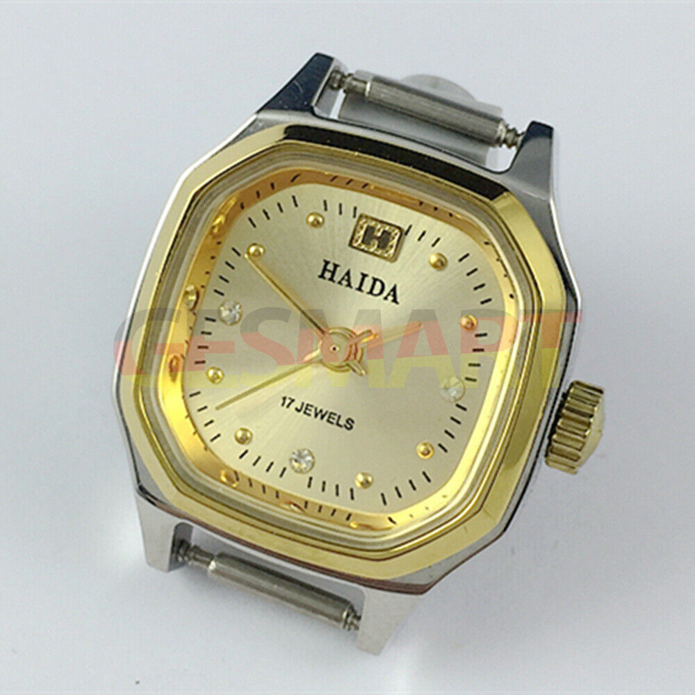 HAIDA Manual mechanical lady watch with golden nail accents, 17 jewels, and octagonal shaped case.