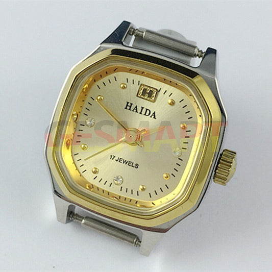 HAIDA Manual mechanical lady watch with golden nail accents, 17 jewels, and octagonal shaped case.