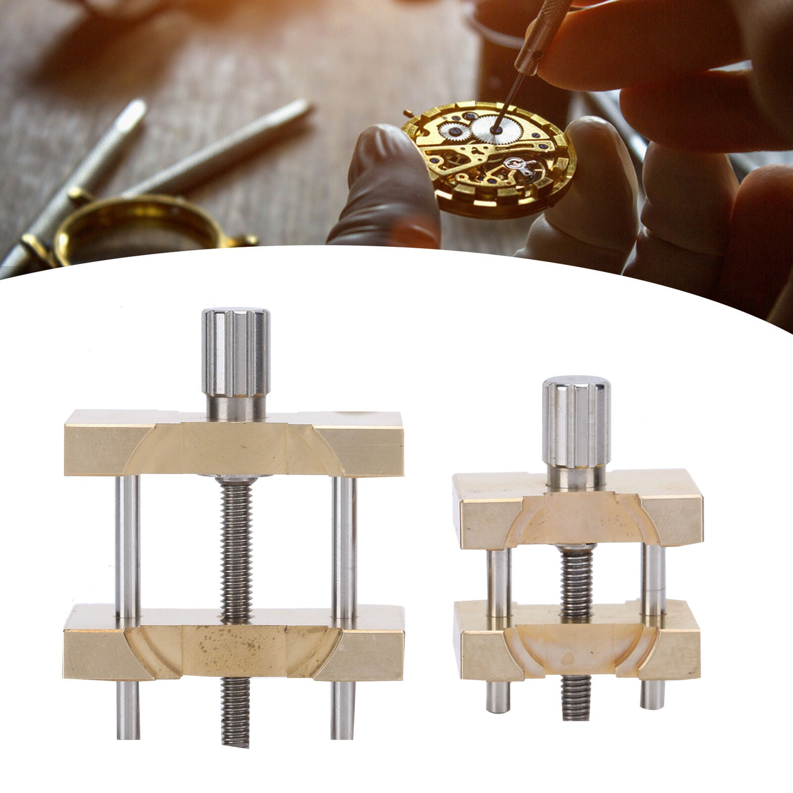 Vintage copper watch movement holder clamp, ideal for precise watchmaker repairs and adjustments.