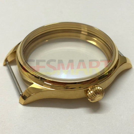 44mm golden 316L stainless steel watch case compatible with Seagull ST3600/ST3621 and ETA6497/6498 movements.