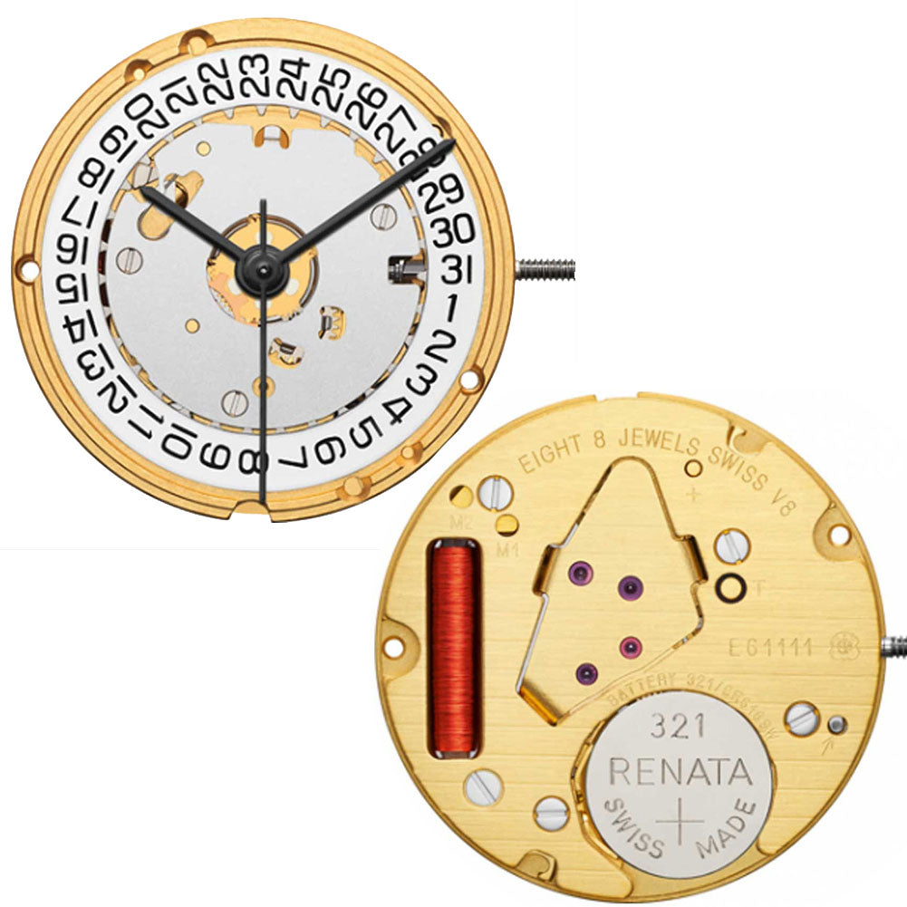 ETA E61.111 quartz watch movement by ETA featuring 3 hands and date window at 3 o'clock for precise timekeeping.