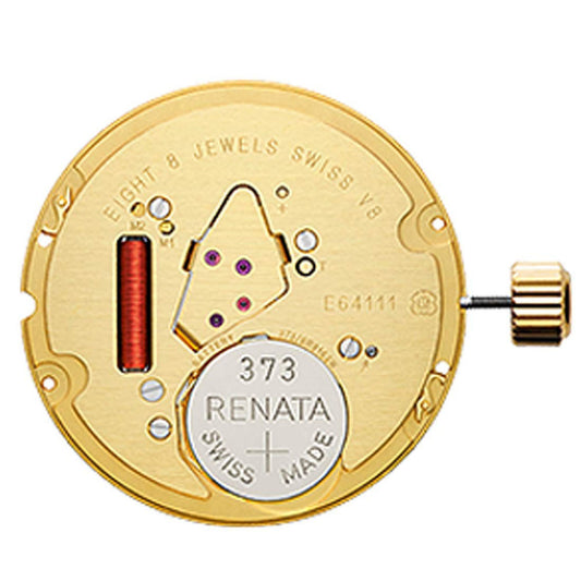 ETA E64.111 Swiss quartz watch movement showing 3 hands and date at 3 o'clock position