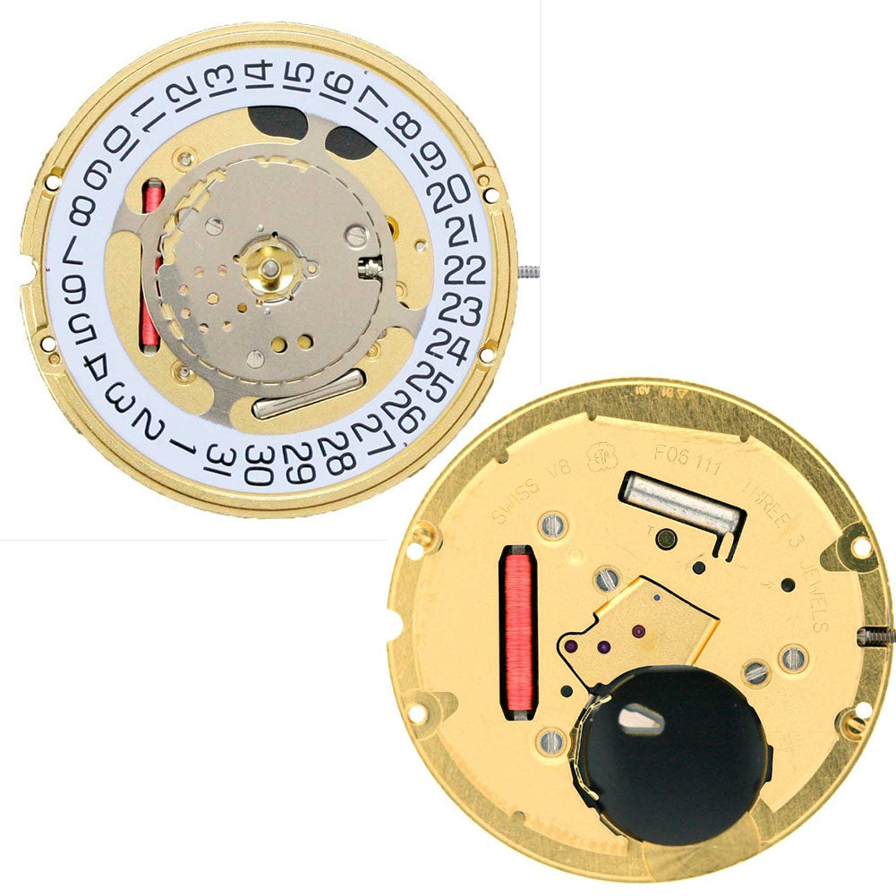 ETA F06.111 Swiss quartz watch movement displaying 2/3 hands with date window at 3 or 6 o'clock, precision engineering.
