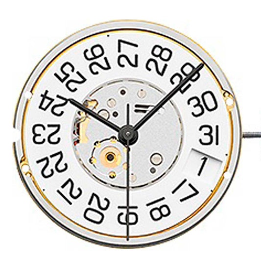 ETA F06.161 quartz watch movement with 3 hands, white dial, and date display at 3 o?clock.