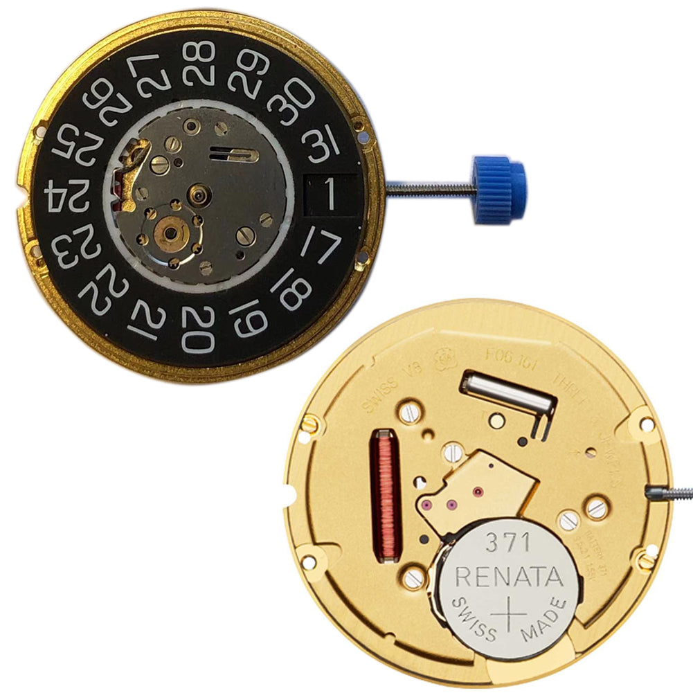 ETA F06.161 black quartz watch with three hands, date window at 3 o'clock, Swiss ETA movement.