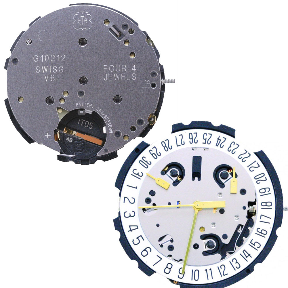 ETA G10.211 Swiss quartz watch movement with 3 hands and date window at 4 o?clock for accurate timekeeping.