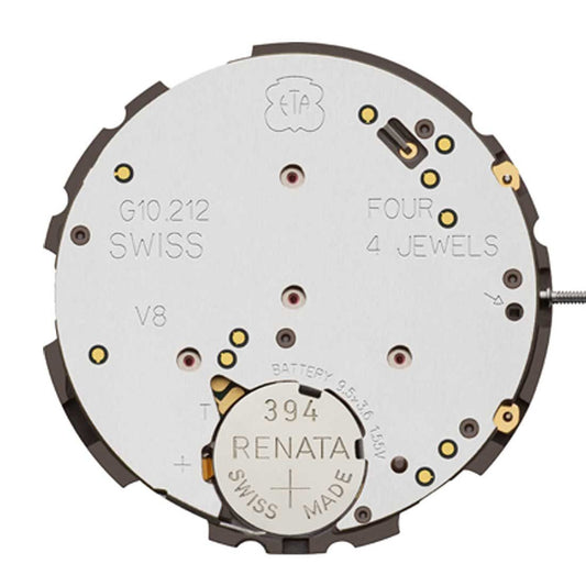 ETA G10.212 quartz watch movement showing 3 hands and date display at 4/4.5/6 position, Swiss brand.