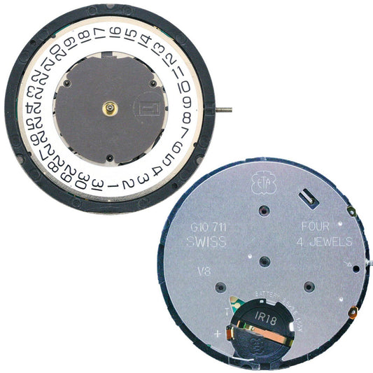 ETA G10.711 watch with quartz 3-hand date function, Swiss movement, elegant design.