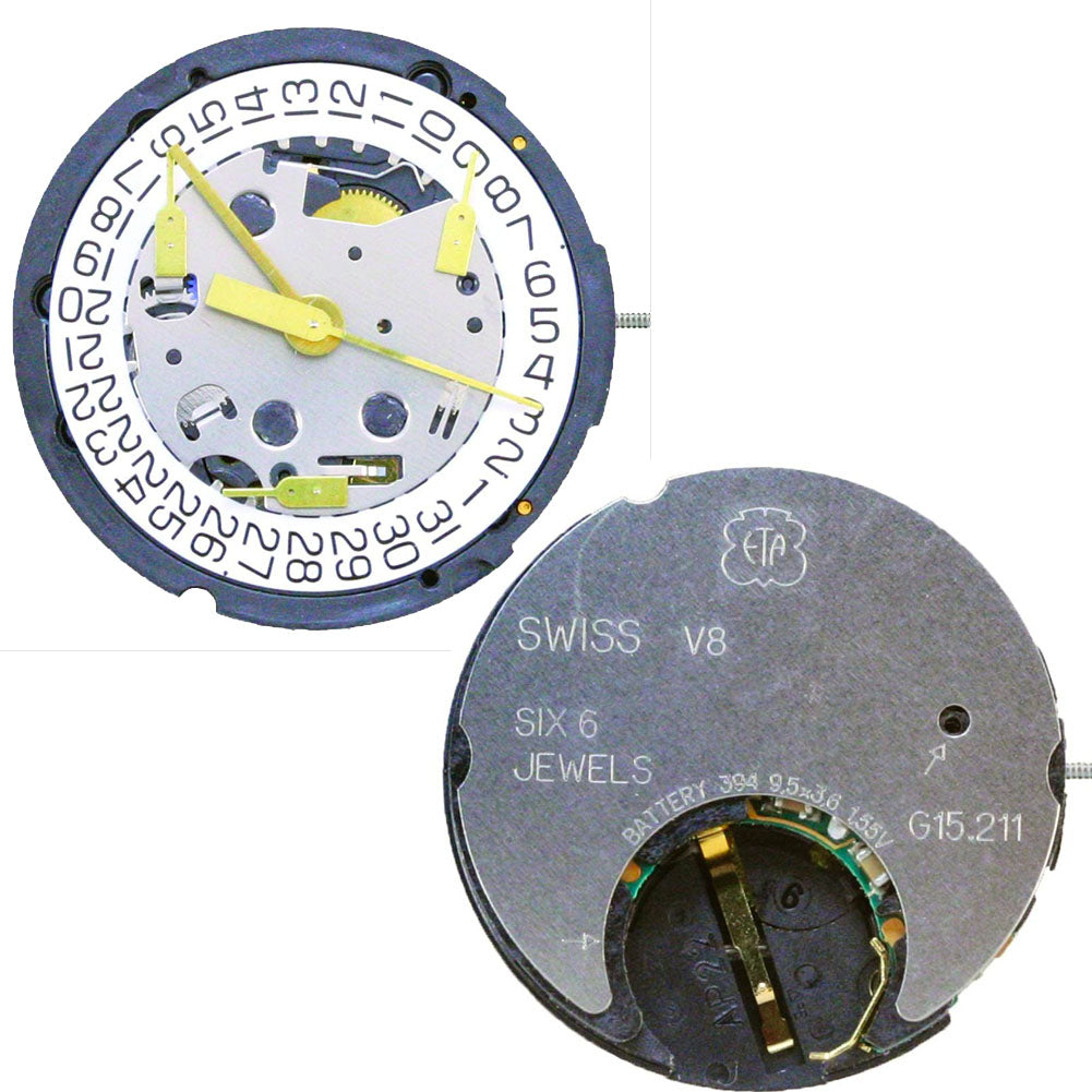 ETA G15.211 watch featuring precise Swiss quartz movement, 3 hands, date display, and elegant design.