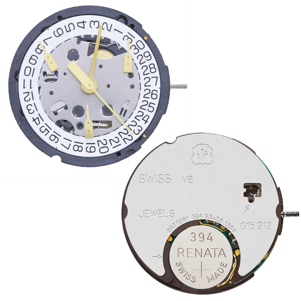 Swiss ETA G15.212 quartz watch movement featuring 3 hands and date function for accurate timekeeping.