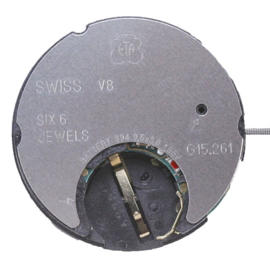 ETA G15.261 watch with Swiss quartz movement, 3 hands, and date feature by ETA.