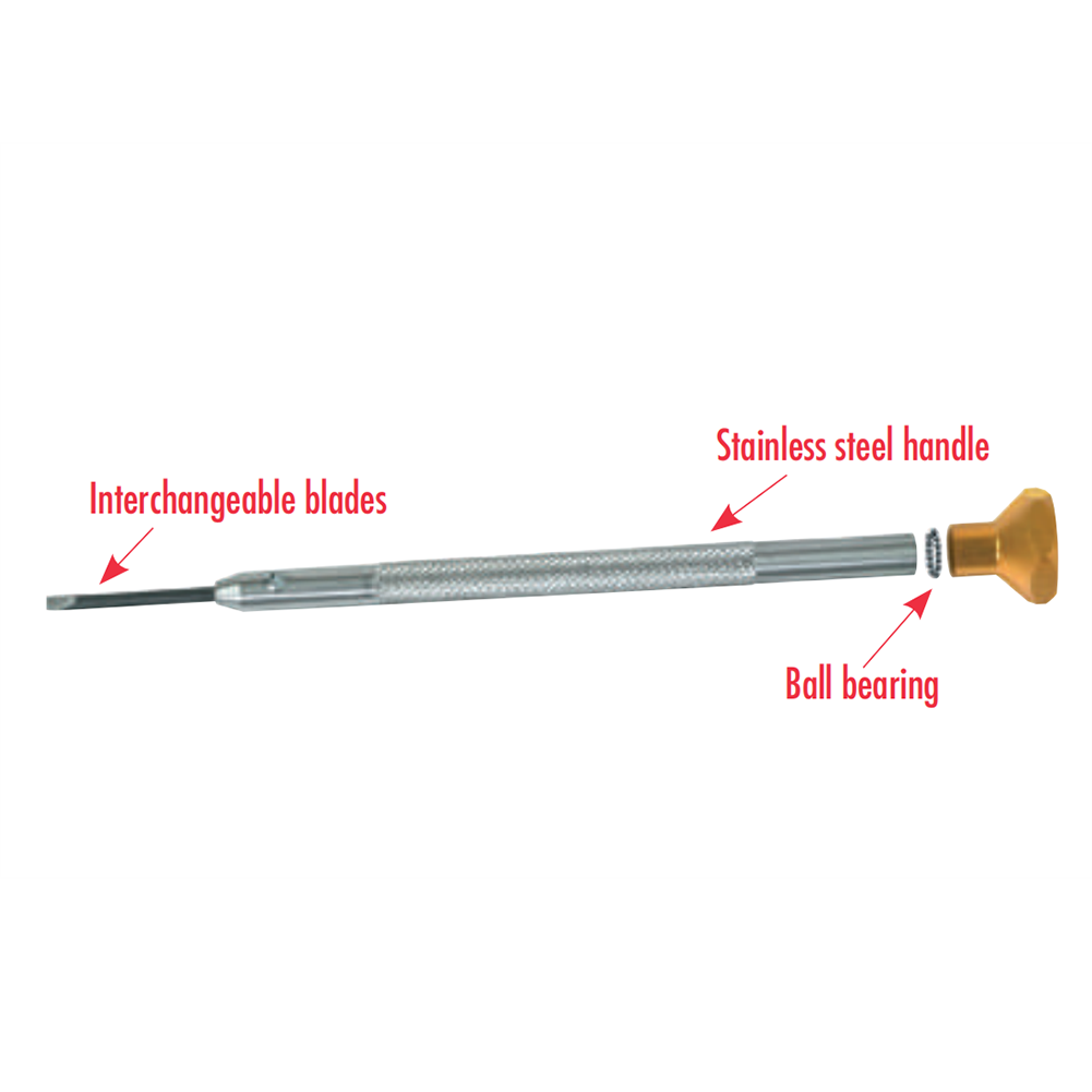 Horotec MSA01.201 watchmaker screwdriver with light blue aluminum head and smooth ball bearings for precision assembly.