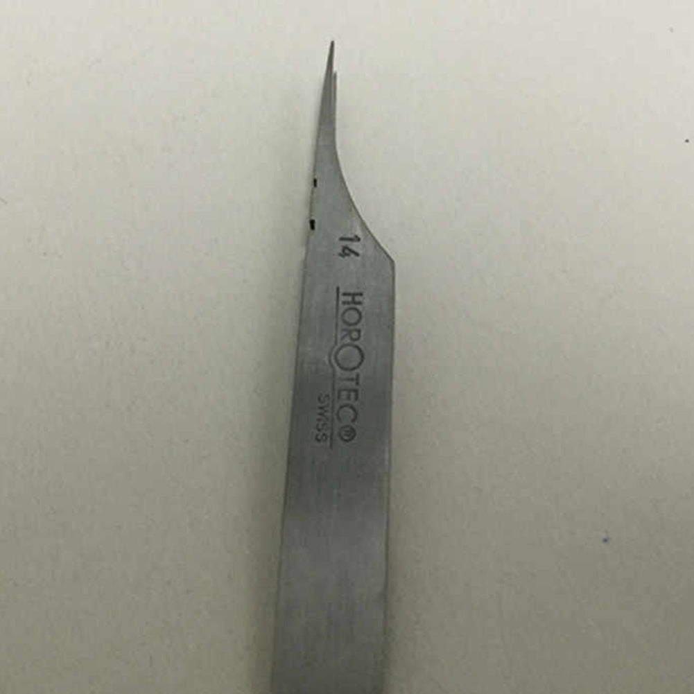 Horotec MSA12.300-14 carbon steel tweezers, 110mm, for precise watch hand removal and secure holding