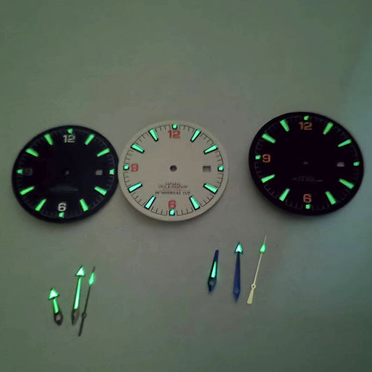 Green luminous 33.3MM watch dial with hands for 2813/8215 movements, enhancing visibility - Brand Name.