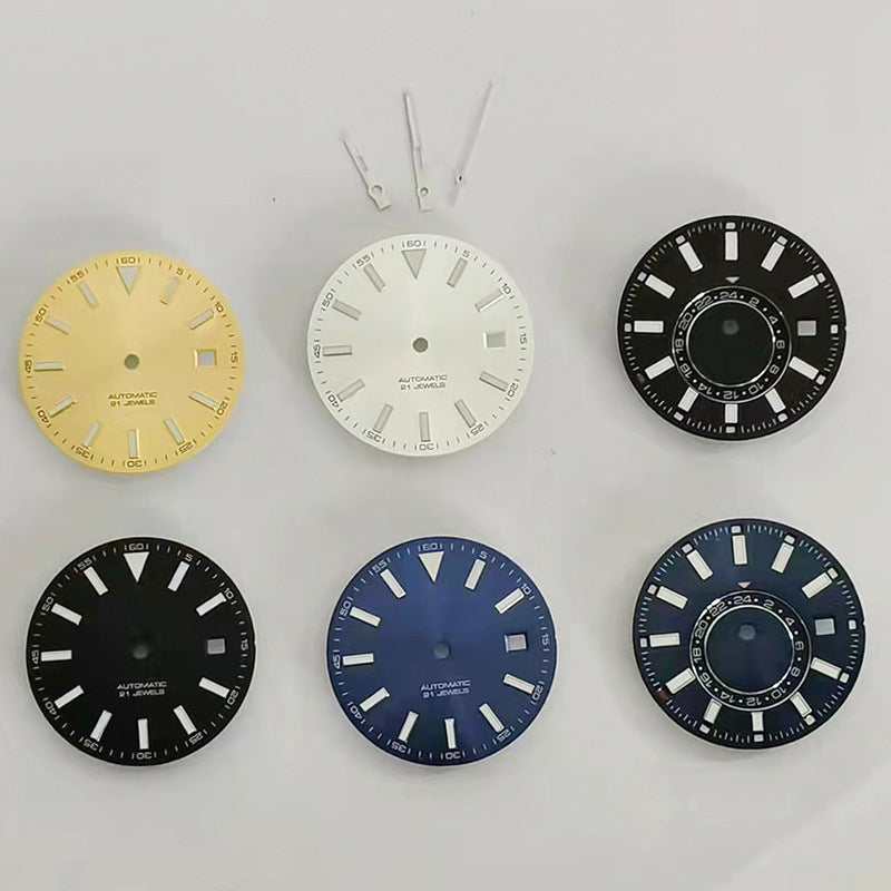 Blue luminous 30.6MM watch dial with hands, compatible with 2813 Miyota 8215 movements.
