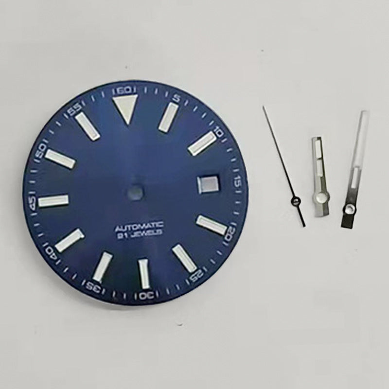Blue luminous 30.6MM watch dial with hands, compatible with Miyota 2813 and 8215 movements.