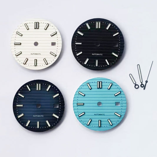 Green luminous 30.5MM watch dial with hands, compatible with NH35/NH36 movements.