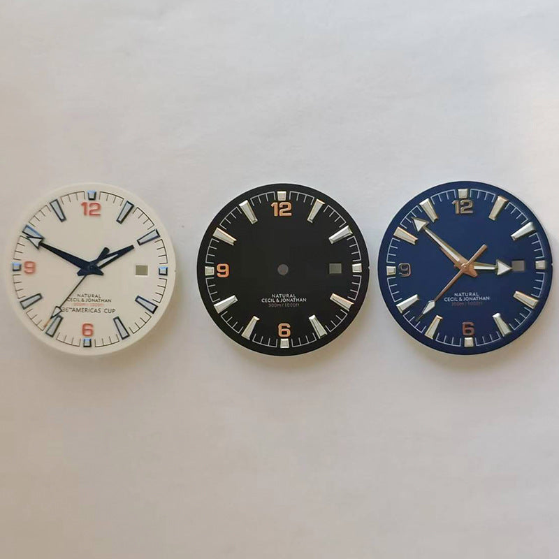Green luminous 33.3MM watch dial with hands for 2813/8215 movements, enhancing nighttime readability.