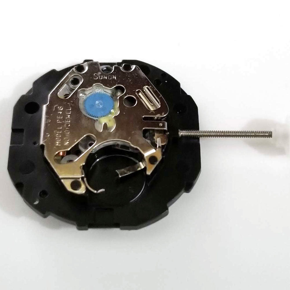 Sunon PE46 quartz watch movement featuring two hands and date window at 3 o'clock for precise timekeeping.