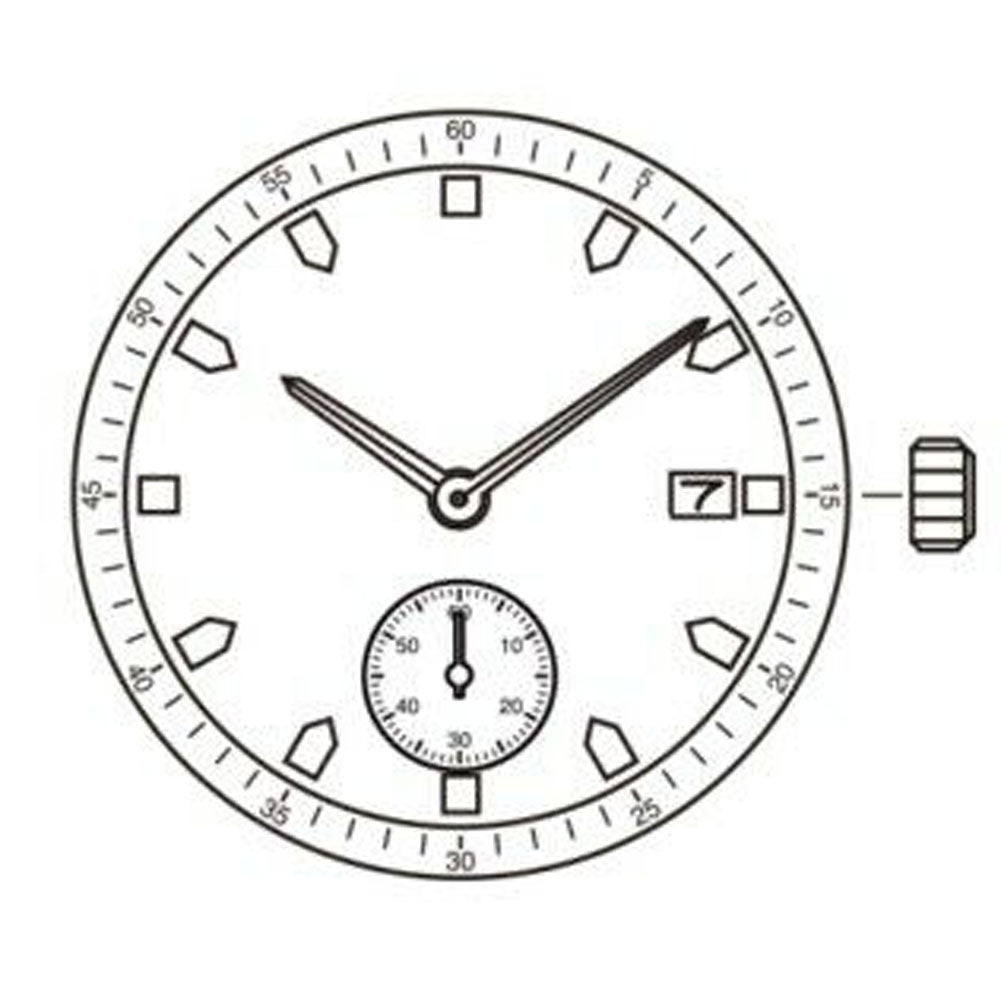 Sunon PE48 quartz watch movement showing date at 3 o?clock and small seconds at 6, precise and reliable mechanism.