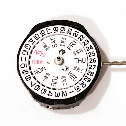 Sunon SL25 quartz watch movement with 3 hands, date and day functions for precise timekeeping.