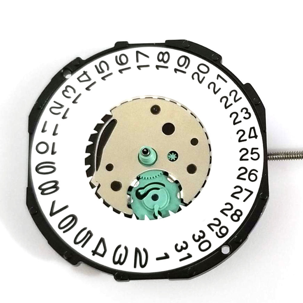 Quartz Sunon SL28 watch movement showing date window at 3/6 o'clock, three-hand time display