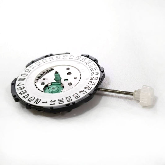 Quartz Sunon SL28 watch movement showing date window at 3/6 o'clock, three-hand time display