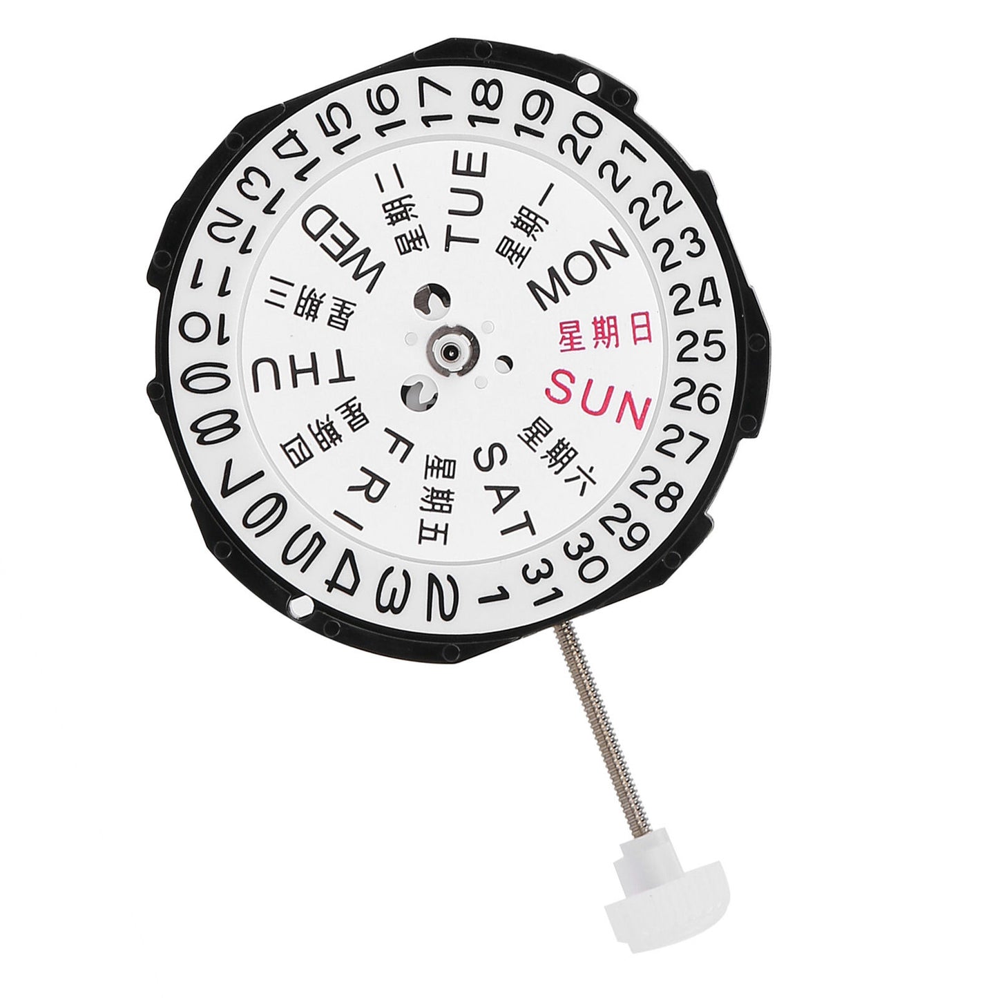 Sunon SL28 quartz watch movement with 3 hands, date and day display, precise timekeeping mechanism.