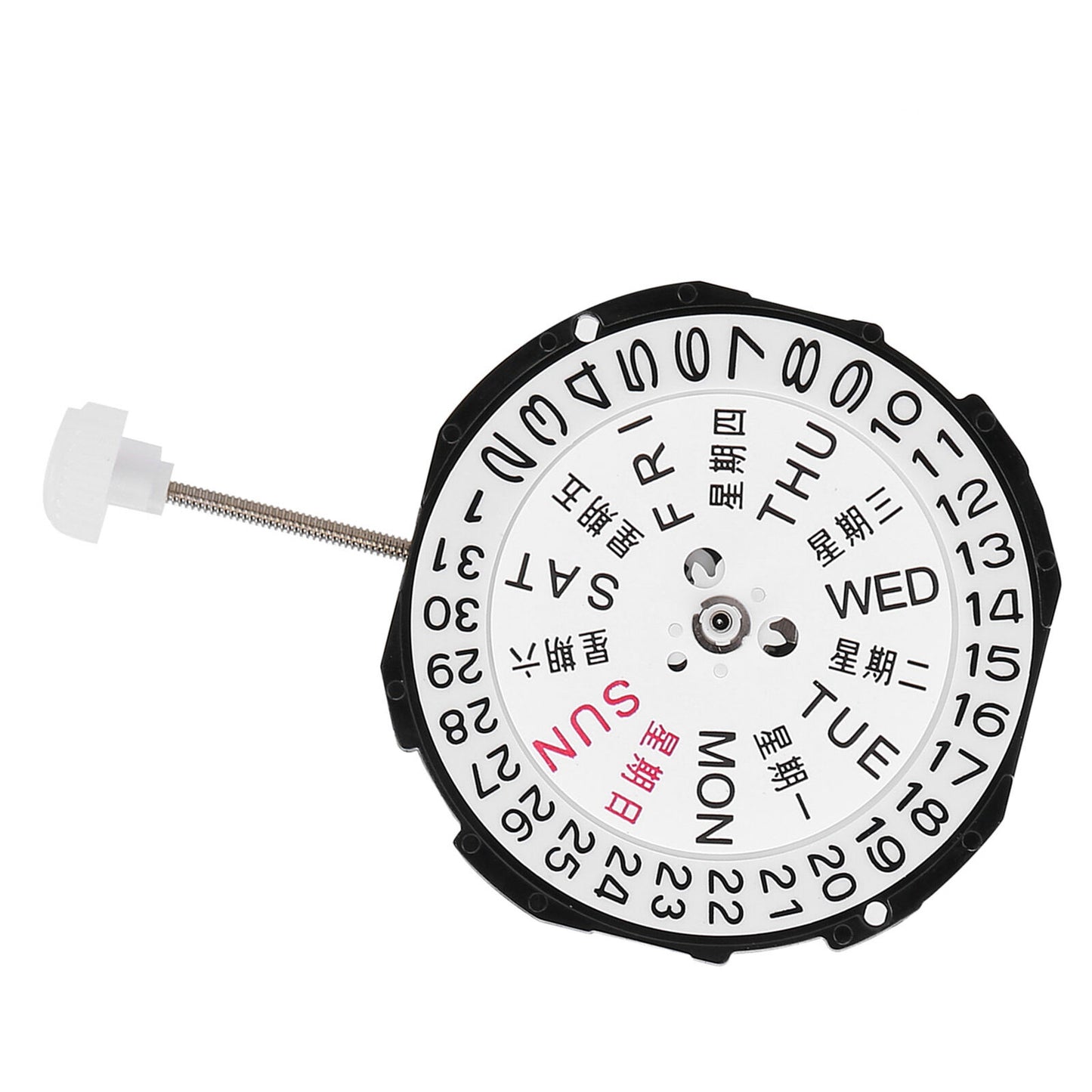Sunon SL28 quartz watch movement with day-date display, three hands, and precise timekeeping features.