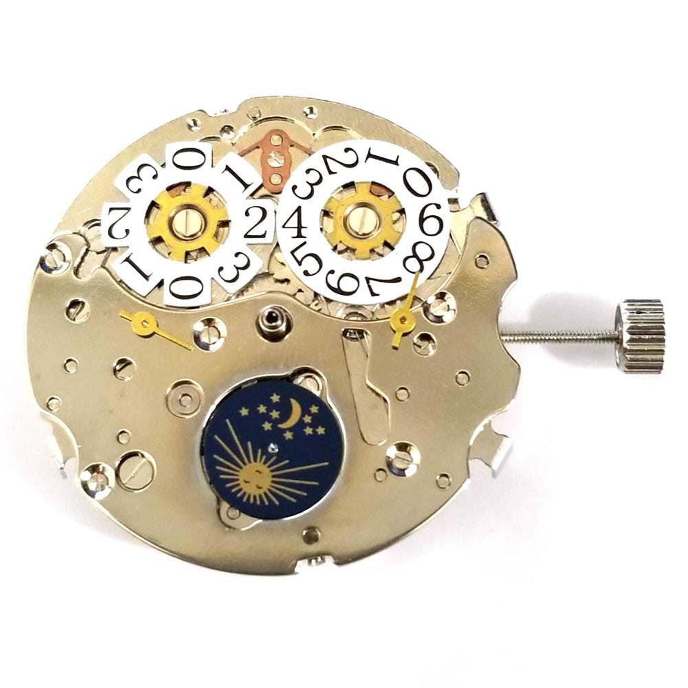 Seagull ST16 mechanical watch movement with big date, three hands, and three subdials for precise timekeeping.