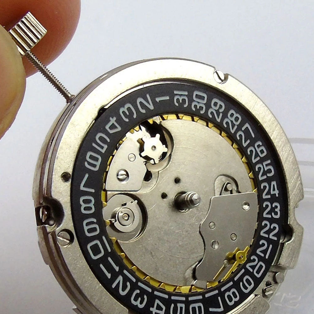 Seagull ST25 automatic watch movement showing small second at 9H with decorative perlage finish.