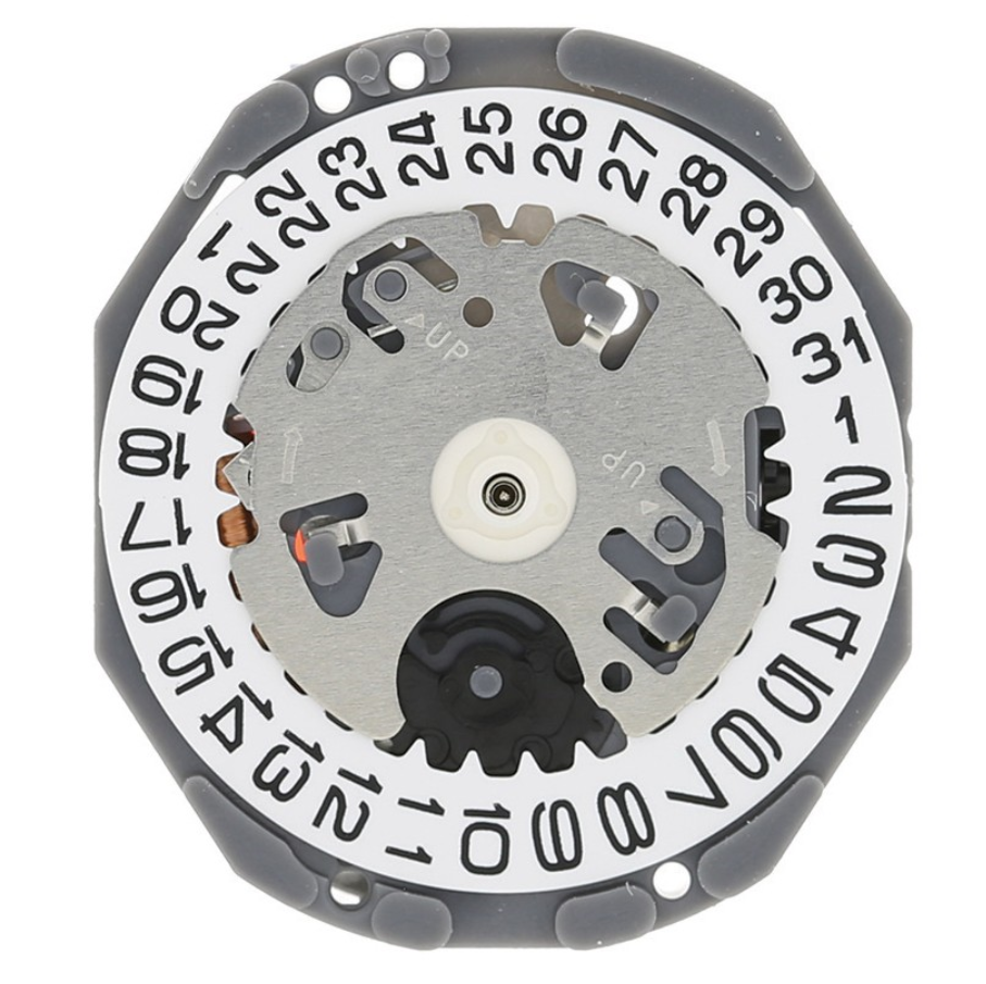 Hattori Epson TMI VJ22 quartz watch movement with date at 3 and 6, Japan made for precise timekeeping