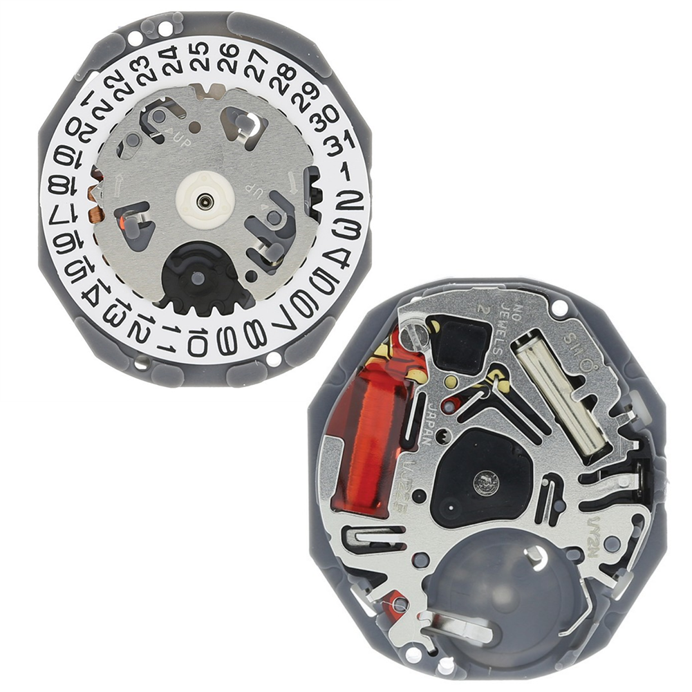 Hattori Epson TMI VJ22 quartz watch movement with dual date windows at 3 and 6, Japan made for precision.
